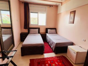 Double room with 2 beds with gray sheets and pillows